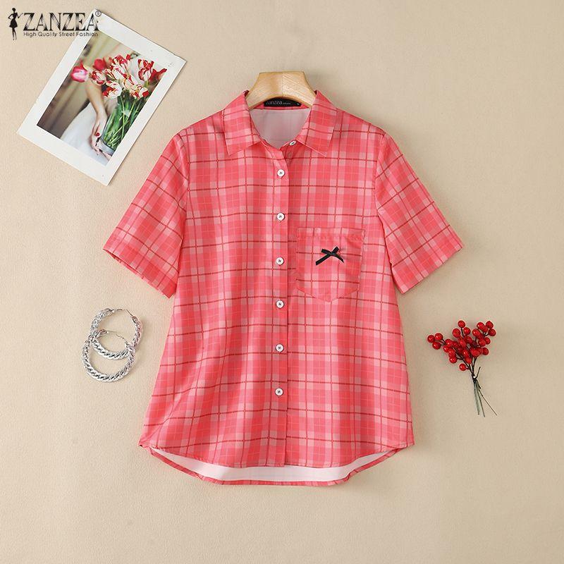 ZANZEA Women Grid Print Casual Turn Down Collar Short Sleeve Blouse