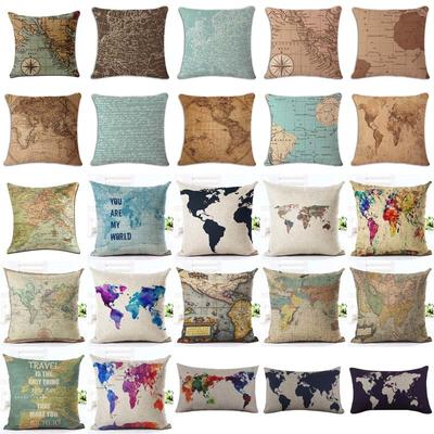 18 Inches Watercolor Vintage Style Cushion Cover World Map Pattern Cotton Polyester Pillow Cover Cushion Cover Pillowcase Home D