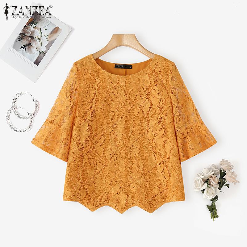 ZANZEA Women Casual Round Neck Half Sleeve Patchwork Lace Blouse