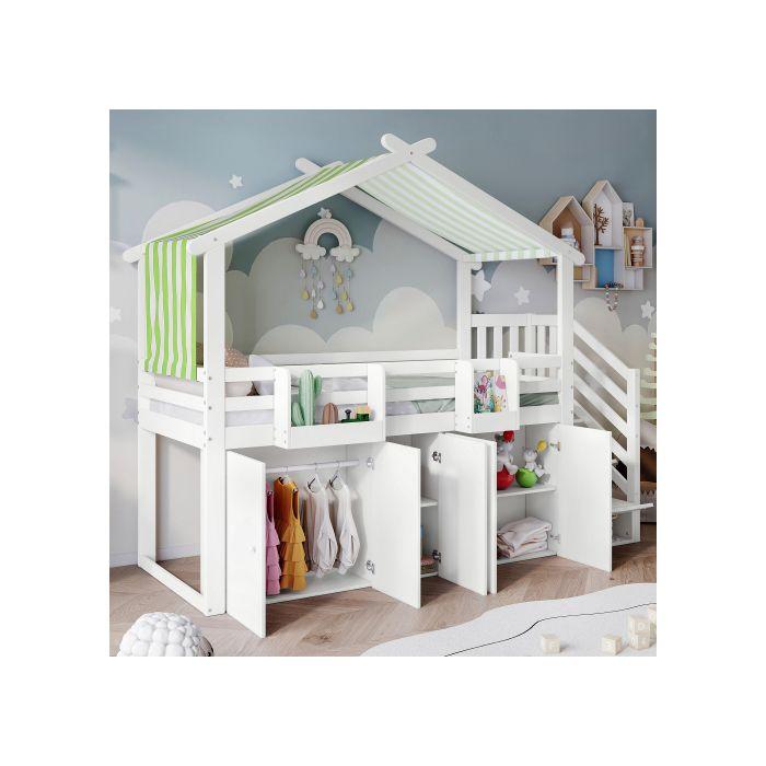 Paturi suprapuse - MUVOE - 2 locuri - Alb - Cu bariere de siguranță - Spațiu de depozitare integrat