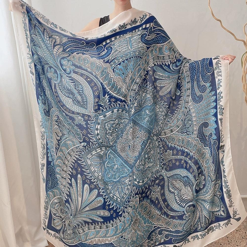 130cm Blue Square Scarf Women Large Shawls Vintage Square Bandana Luxury Kerchief Scarf Female Foulards