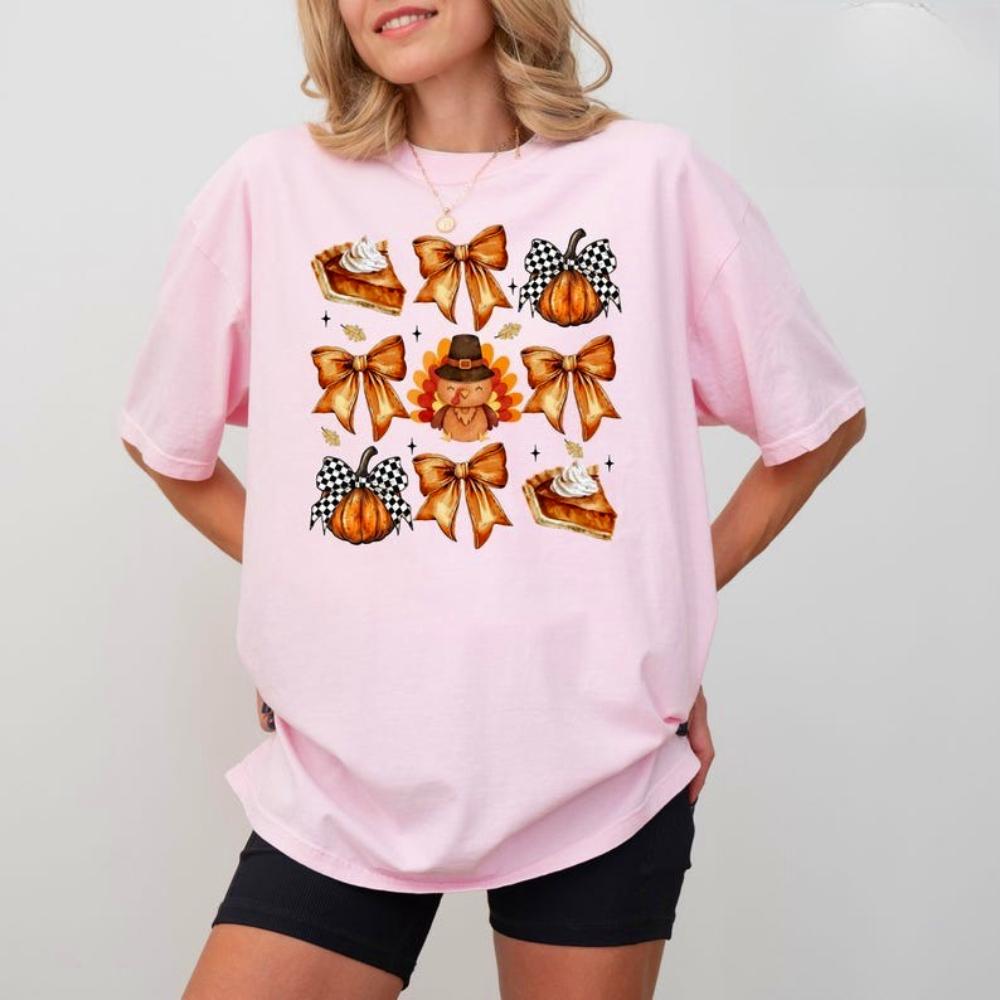 Retro Thanksgiving TShirt Coquette Bow Shirt Pumpkin Fall TShirt Thanksgiving Gift Cute Turkey Tee Women Fashion Daily Life Top