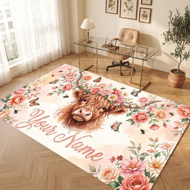 Highland Cow Theme Soft Crystal Velvet Rug Custom Name & Text Print Non Slip Floor Rug for Bedroom Living Room