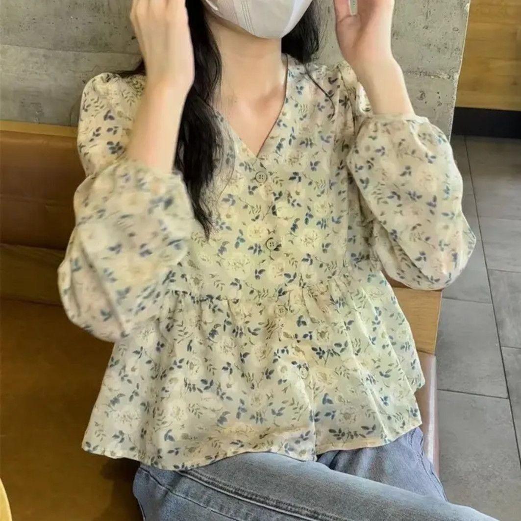 

Весенняя новая женская одежда Дизайн Sense Temperament Маленькая свежая рубашка с V-образным вырезом Маленький цветочный топ с длинными рукавами 2xL suggestion 130-140