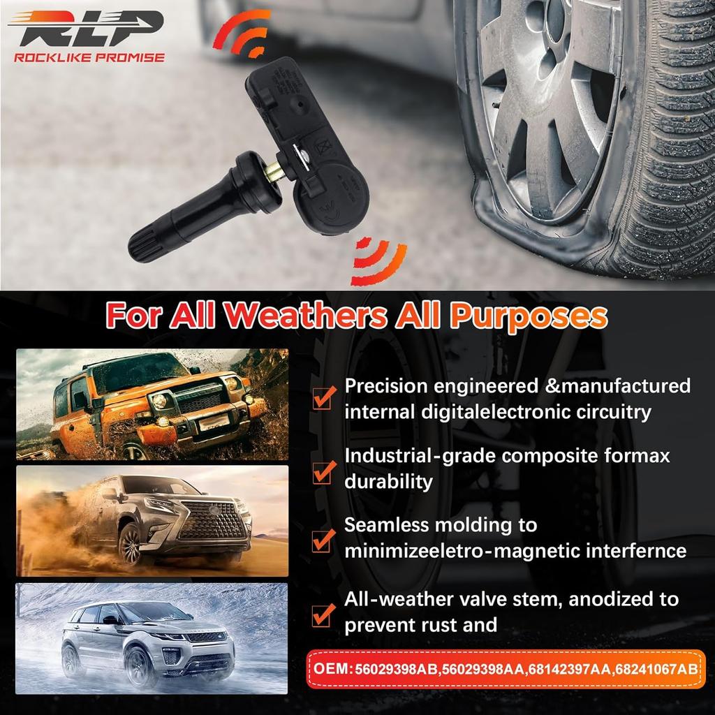 Set Of 4 TPMS Tire Pressure Monitoring System Sensor 433MHz Compatible With Jeep Wrangler JK Dodge Ram Charger Replacement For 56029398AB 68142397AA