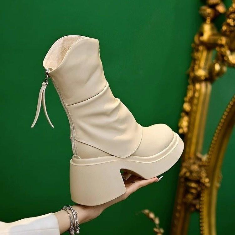 European and American great-looking thick-soled heightened medium tube Martin boots 2025 autumn and winter piled huge comfortable thick high-he