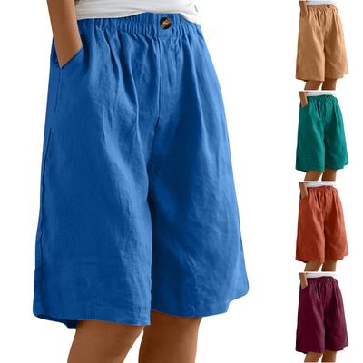 Women's Fashion Solid Color Pants Pocket Button Up Capris Loose Elastic Waist Cotton Linen Shorts