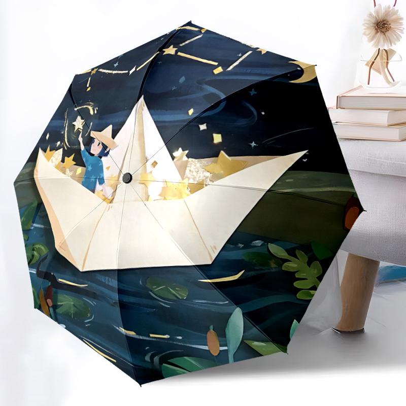 1pc Paper Boat Night Auto Open/close, All-Season Portable Folding Cute Umbrella for Women & Men, Travel, Everyday, Formal Events - Compact Luxury Para