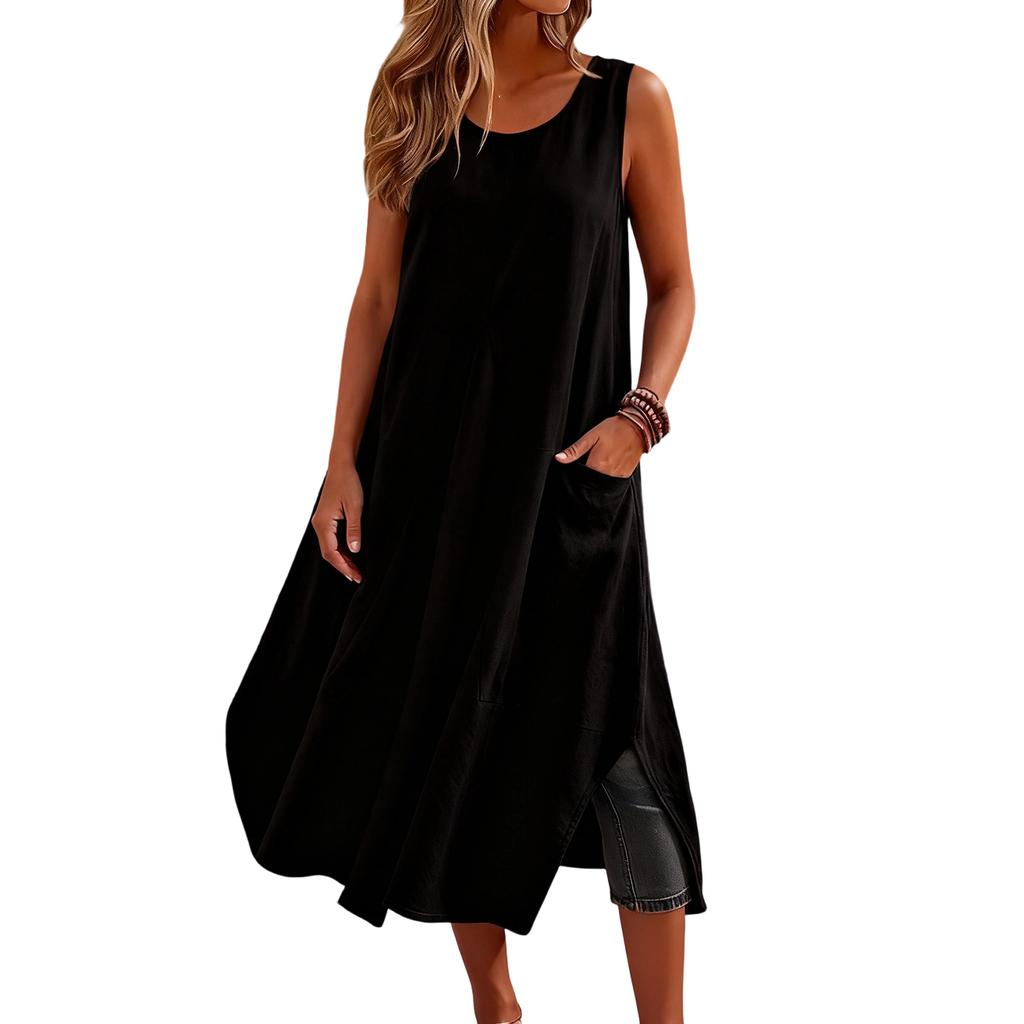 Women's Fashion Casual Colour Sleeveless Cotton Linen Pocket Dress