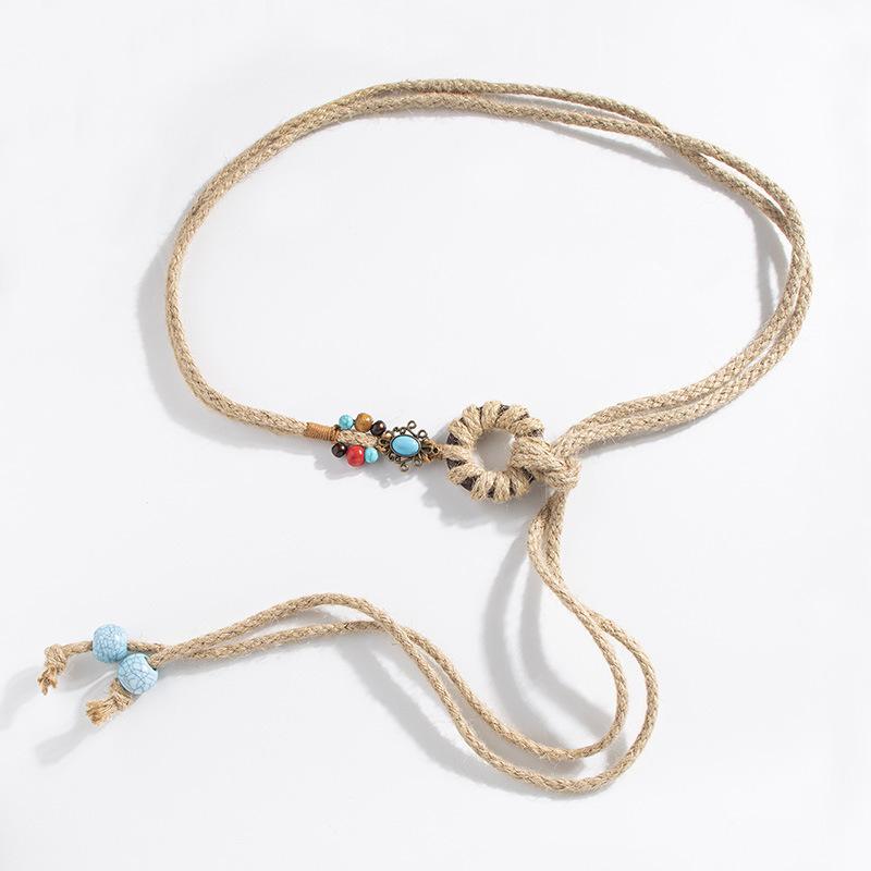 Bohemian Round Wood Waxed Rope Woven and Knotted, Ethnic Style Handcrafted Turquoise Women's Hemp Rope, Leisure and Vacation Style Waist Rope