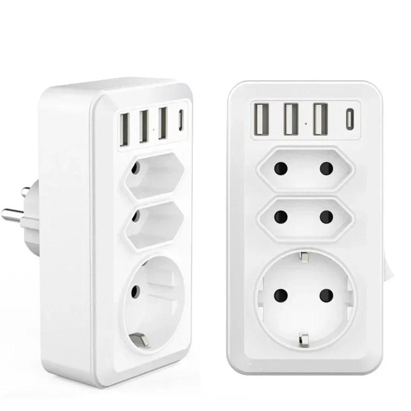 EU Socket With USB And 3 AC Outlets Power Converter Swtich Control 100-240V 16A Wall Socket Standard Plug Adapter Extension