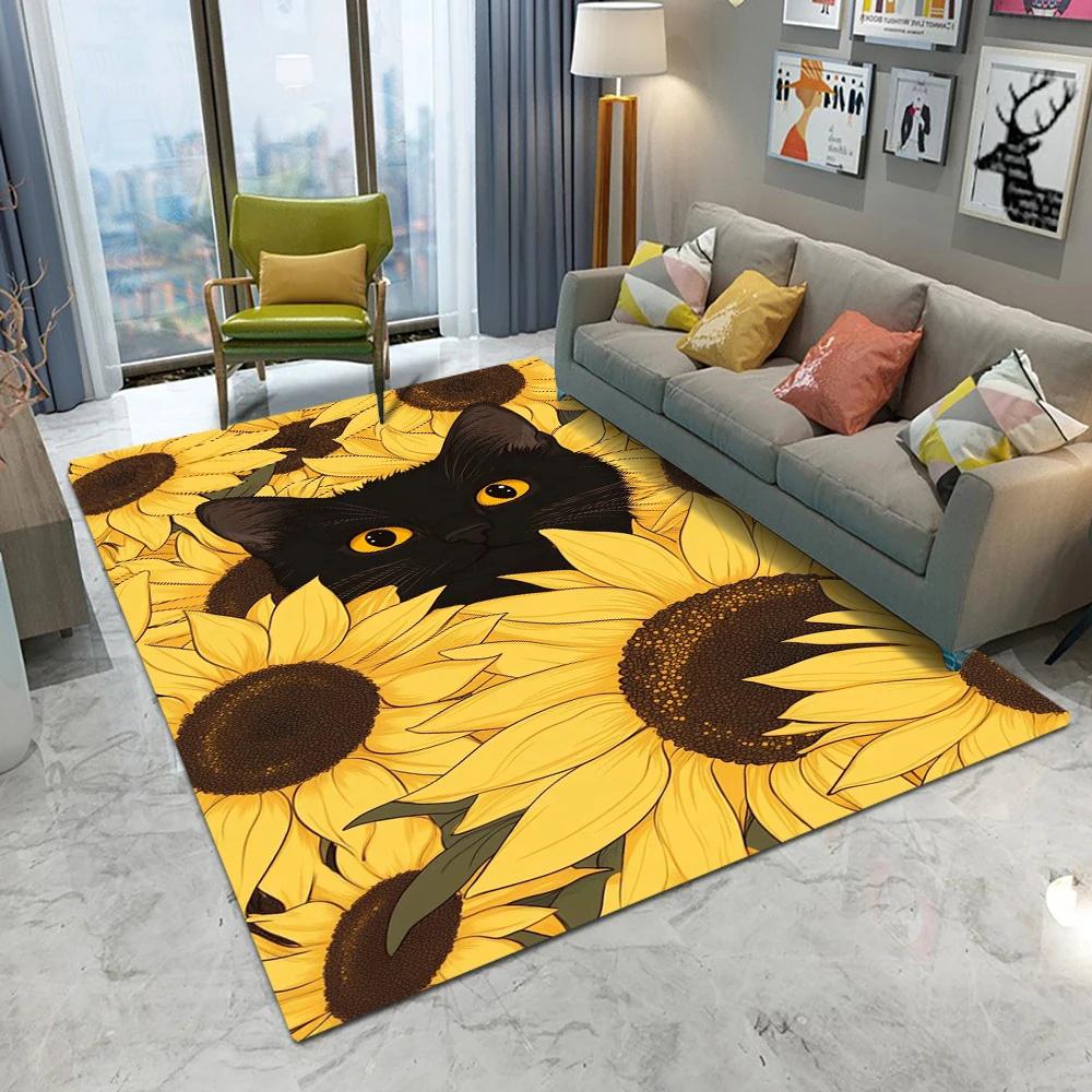 Cute Cat Flowers Carpet Cartoon Living Room Bedroom Kitchen Sofa Entrance Rug Non-slip Washable Home Beautiful Girl Decor Mat