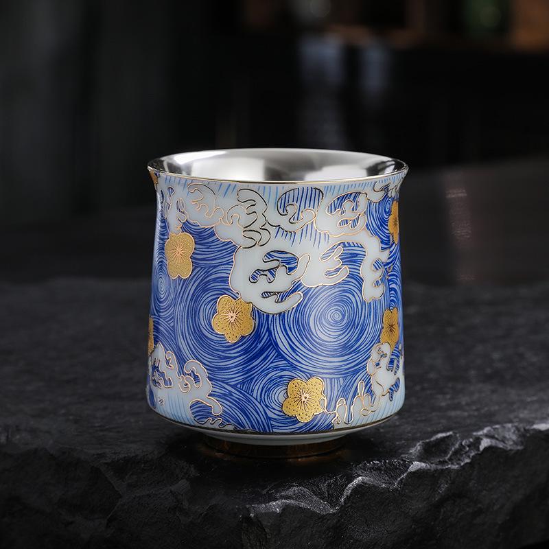 Sterling Silver & Ceramic Gilded Teacup - Kung Fu Style Master Tasting Cup Business Gift