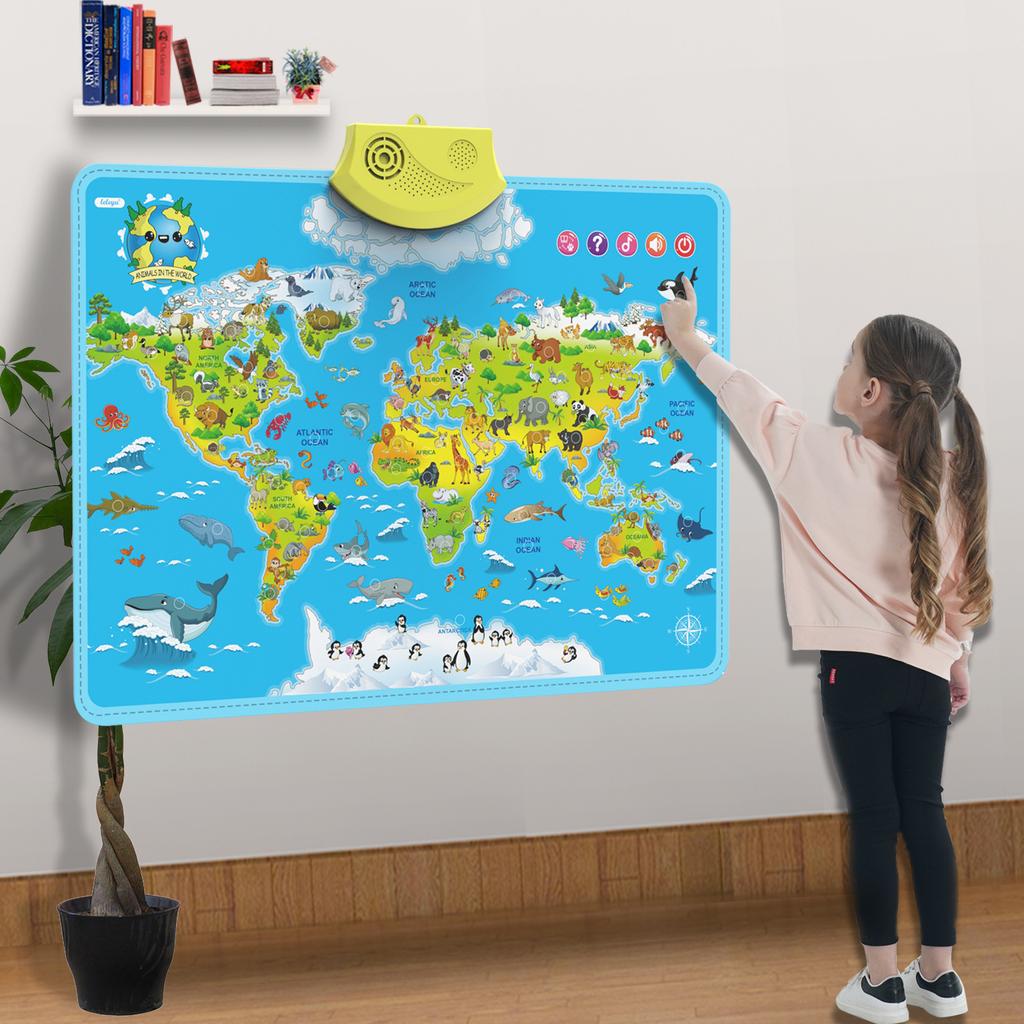 Electronic World Map Animal Wall Chart Talking Music Poster Kids Montessori Toys for Toddlers Interactive Educational Toy Gift
