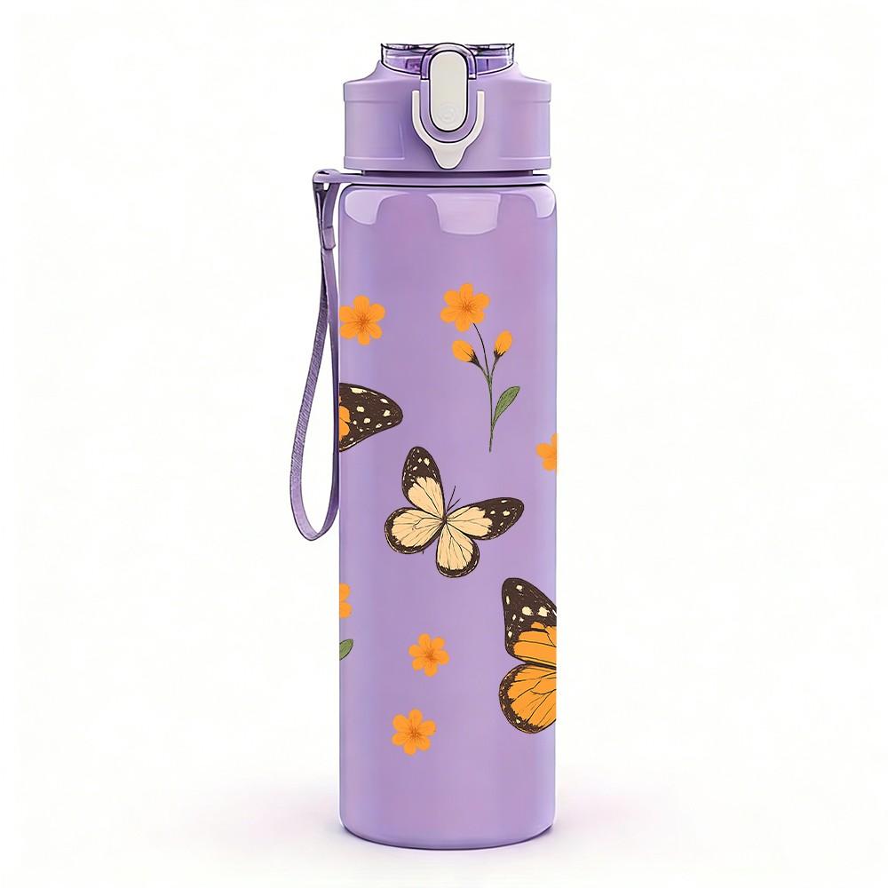 1PC Orange Butterfly Group Print 750ml Color Plastic Sports Water Bottle Leakproof Flip Straw Lid Suitable for Sports Office Home Use