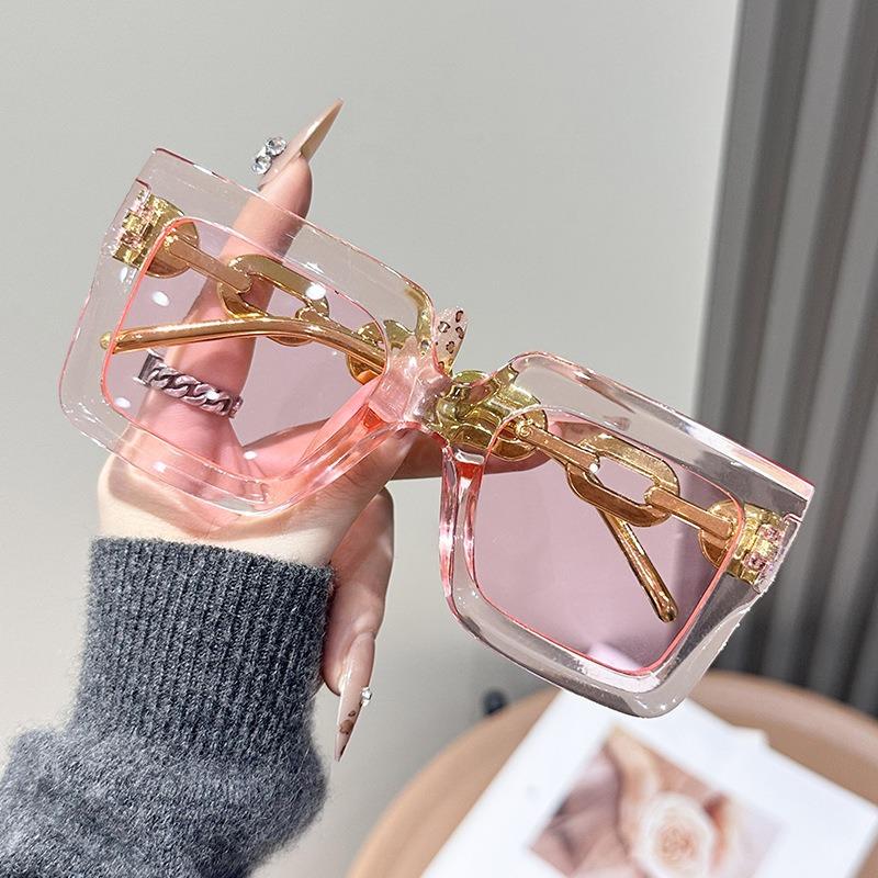 Brand Fashion Large Frame Sunglasses Women Men Personality Chain Lens Leg Design Sun Glasses Retro Square Eyeglasses UV400