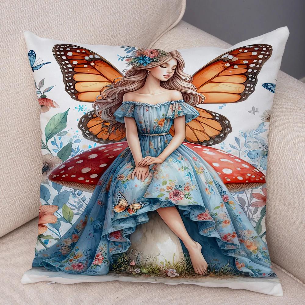 Niedlicher Cartoon Waldmädchen Elfen Kissenbezug Doppelseitig bedruckter Kissenbezug Deko für Sofa Zuhause Superweicher Plüsch Kissenbezug 40x40cm