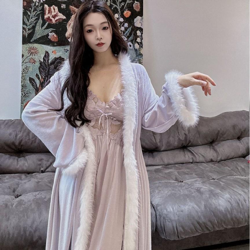 Carat Lover French Fleece-Lined Bathrobe & Camisole Long Dress - Women's Sexy Autumn/Winter Collection