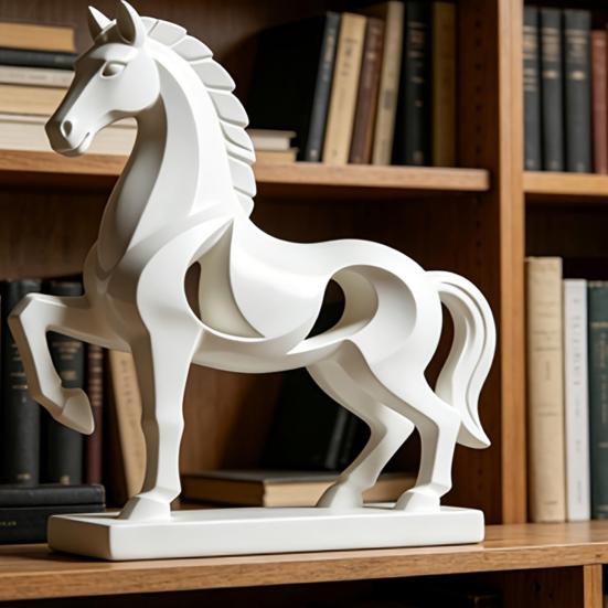 Standing Horse Statue Modern Geometric Horse Ornament Large Base Matte White Art Figurine for Home Office Living Room Decor Luck Wealth Gift