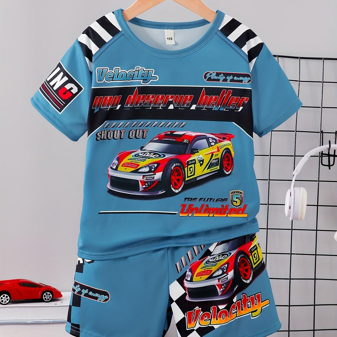 

Boys Summer Round Neck T-shirt Racing Print Cool Boys Comfortable Shorts 2-piece Set 5-6Y