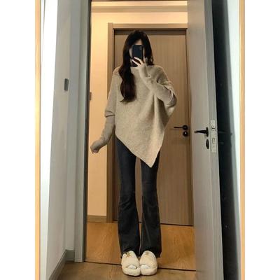 Autumn Winter High Collar Casual Fashion Irregular Sweater Women Solid All-match Bottomed Knitting Pullover Top