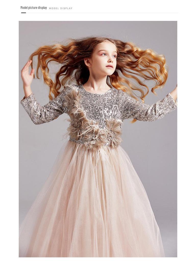 Rochie Tutu de Prințesă cu Paiete pentru Fete, Ținută de Spectacol și Bal cu Mânecă Lungă