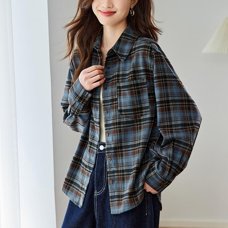 Sausage Dog Plaid Shirt for Women Long-sleeved Spring and Autumn Clothes New Style Hong Kong Style Retro Top