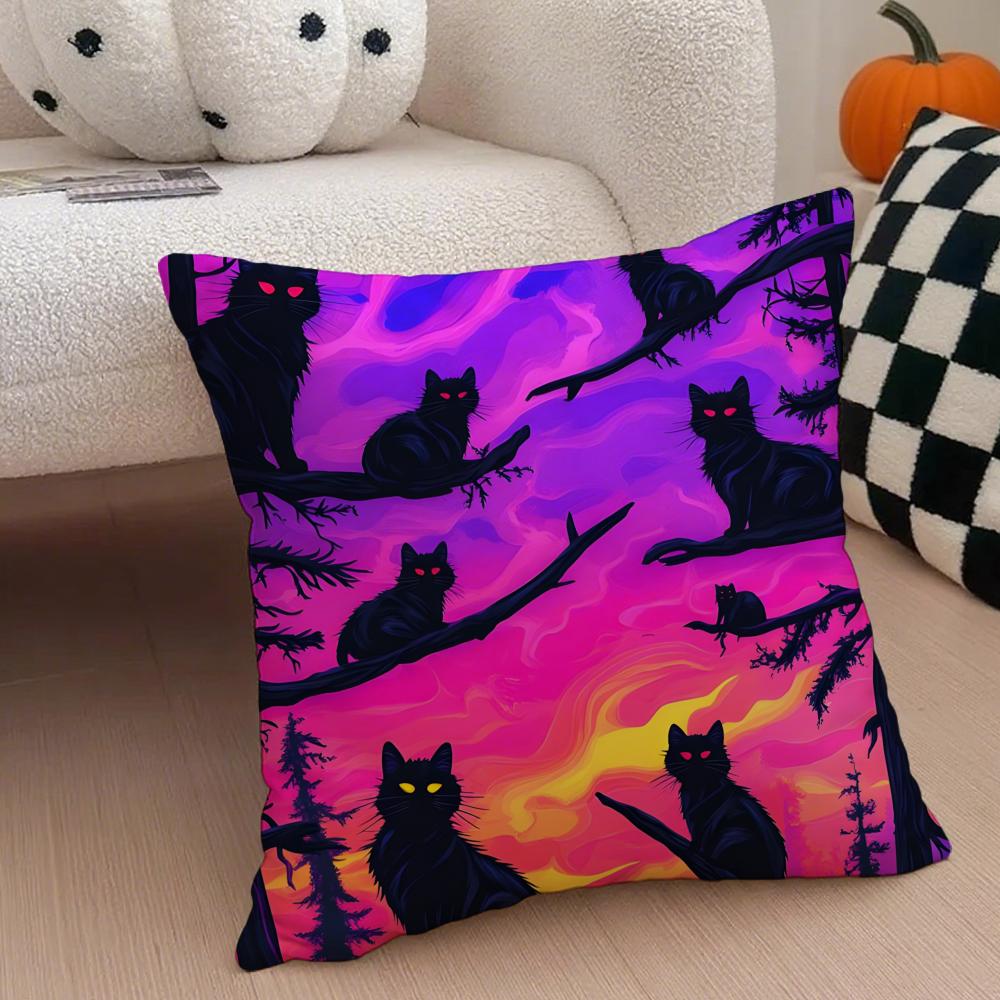 Character Spooky Halloween magic cat Cushion Cover Throw Pillow Cover Hidden Button Durable Polyester Chair Cushion
