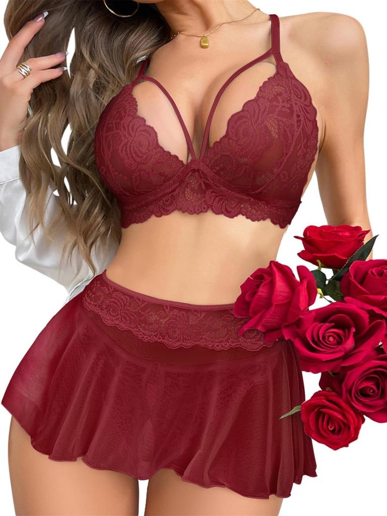 Sexy Mini Skirt with Thong Floral Lace Sheer Bralette Lingerie Set 3 Piece Otufits