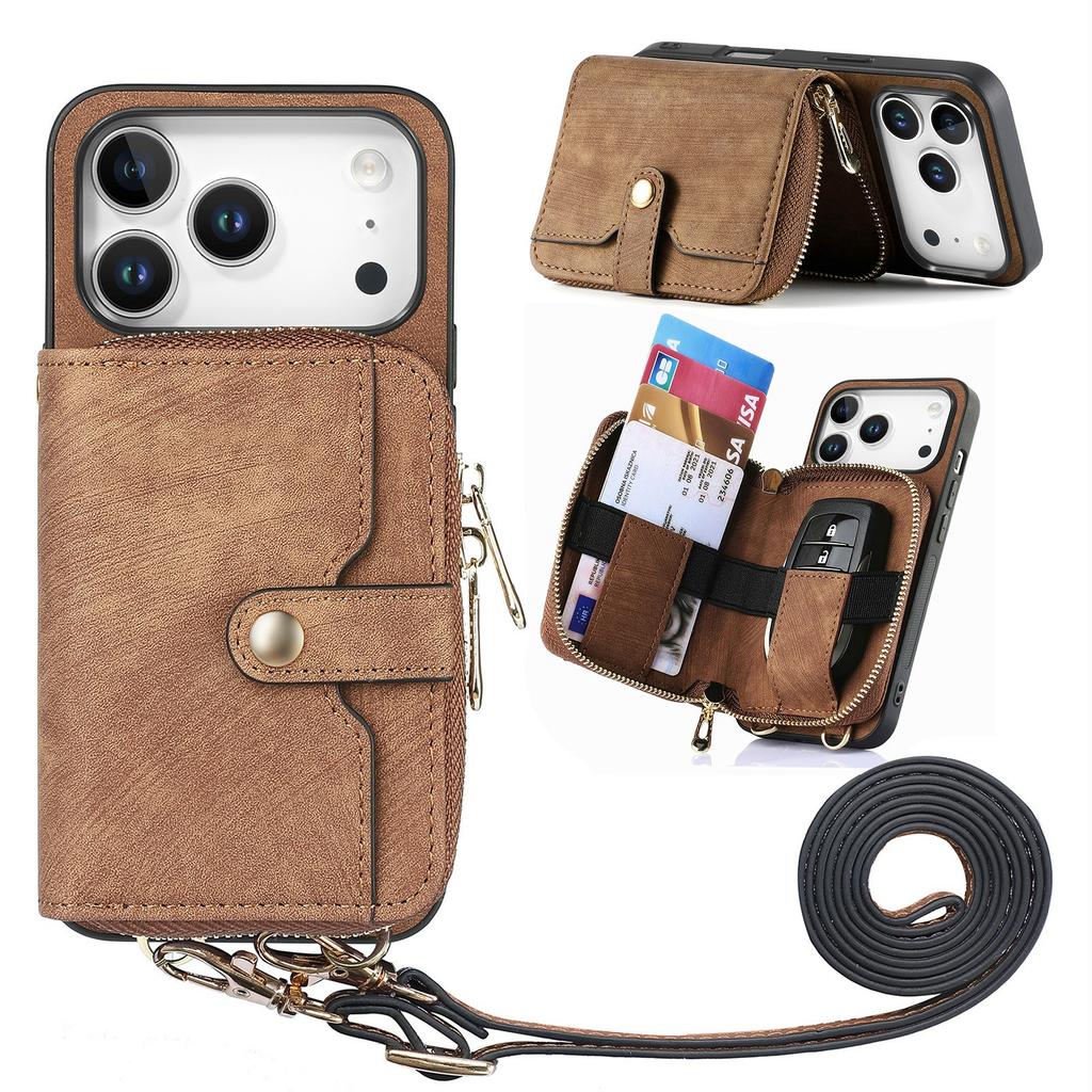 For iPhone 17 Pro Max PU Leather Phone Back Cover with Zipper Card Holder and Long Strap