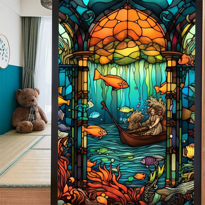 Gebeizte bunte tropische Pflanzenblumen, Ozean-Sonnenaufgang, Fensterglas, statische Aufkleber, entfernbare dekorative PVC-Folie für das Home Office