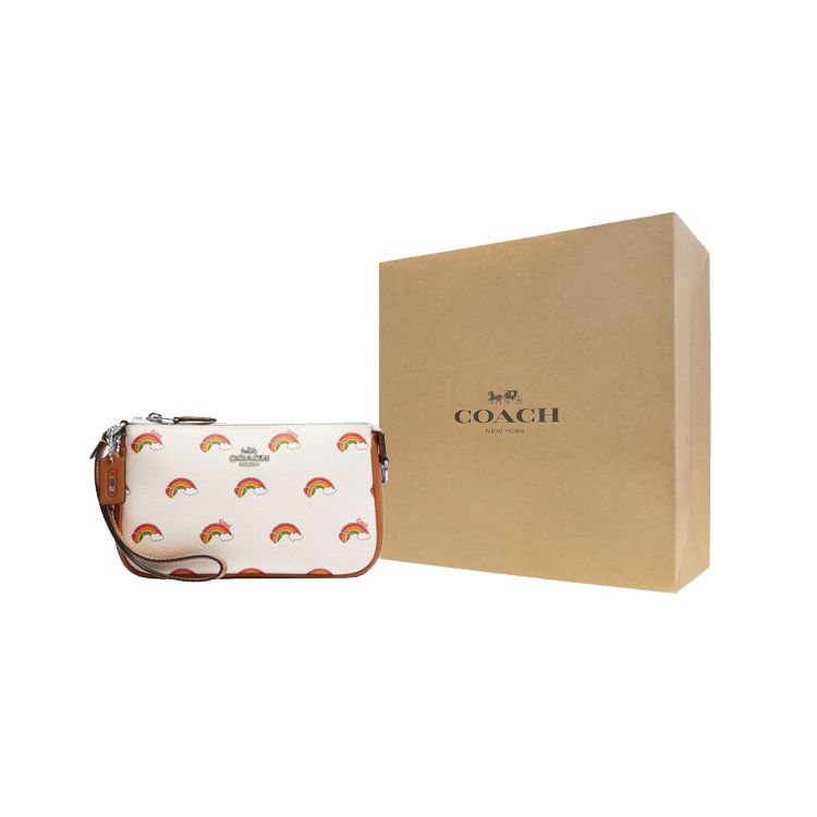 Coach Nolita 19 Silver Letter Logo Rainbow Print Coated Canvas With Leather Mahjong Bag Storage Clutch Small Women Clutch Beige Brown CJ657-SVCAH