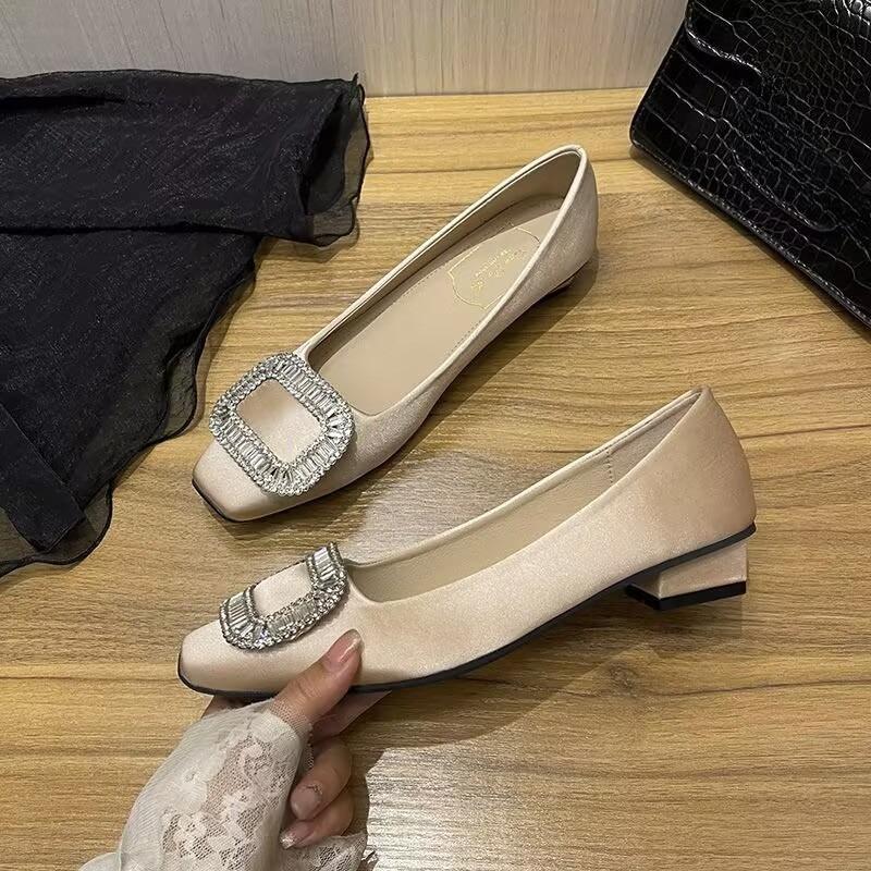 Soft Sole Square Toe Rhinestone Low Heel French Spring Single Shoes Women 2026 New Versatile Plus Size