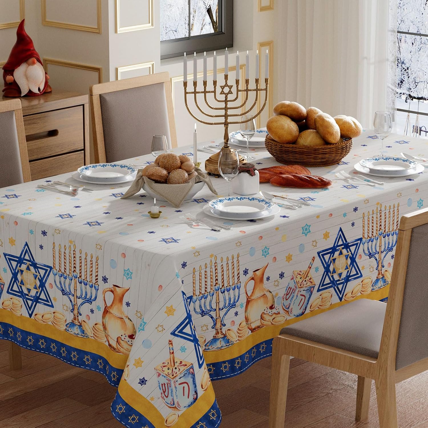 Six-Pointed Star Dreidel Gelts Hanukkah Tablecloth Table Decor Chanukah Menorah Rectangle Table Cloth Jewish Holiday Party Decor 90x140cm