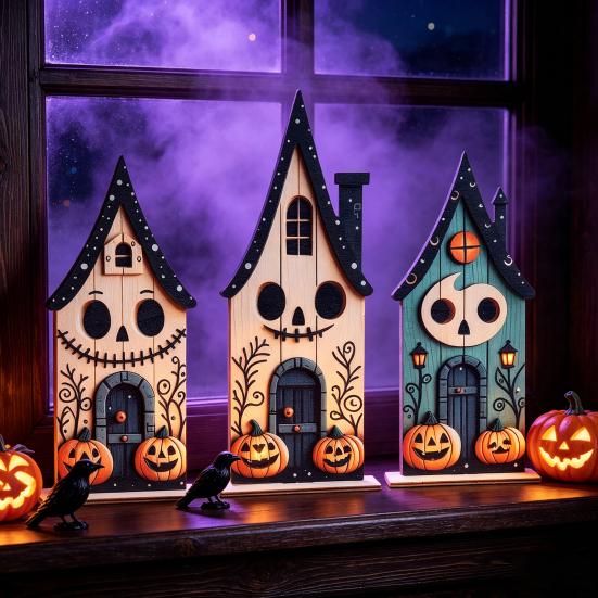 Durable Solid Wood Decor 3Pcs Halloween Ghost Pumpkin House Ornaments, 2D Flat Wooden Tabletop Decorations Office Desk Holiday Decoration for