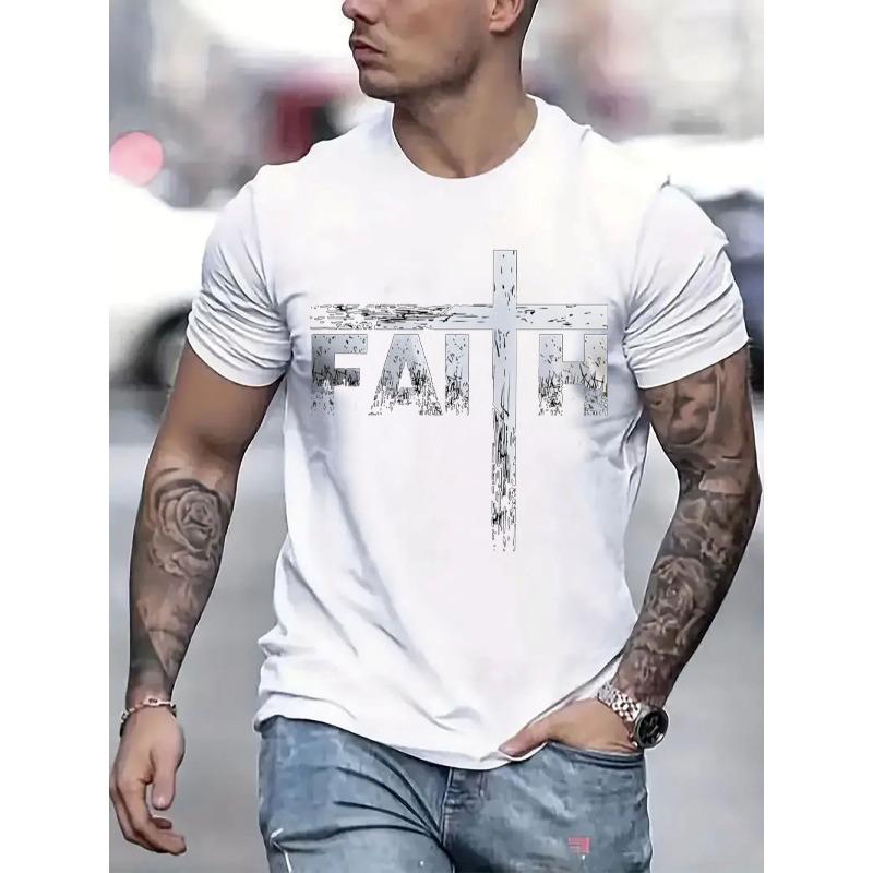 European sizes Faith Graphic Print T-Shirt For Men Casual Short Sleeve Tee Comfortable Crew Neck, Soft Adorable Tees Tops