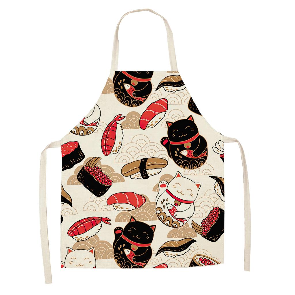 Cotton and Linen Apron Japanese Cartoon Lucky Cat Cooking Sleeveless Bib Waterproof Anti-greasy Kitchen Supplies Chef Apron