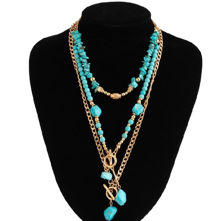 Adjustable Geometric Turquoise Beaded Necklace Multi Layered Clavicle Chain Neck Jewelry for Stylish Outfits