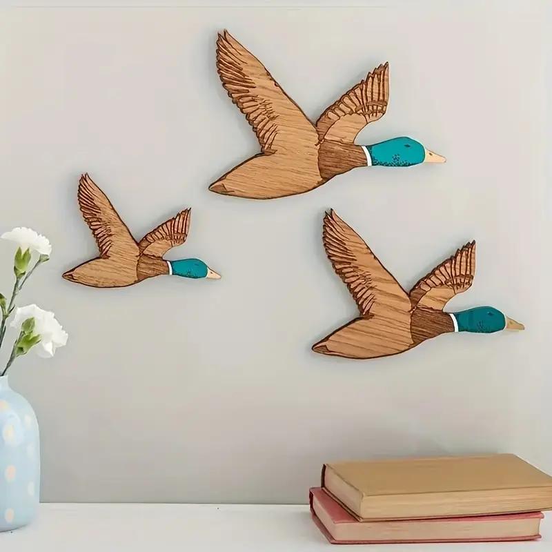 3 Pezzi: Decorazione Murale Artistica Anatra Verde alla Moda Creativa Decorazione Murale Anatra in Legno Soggiorno Ufficio Adesivi Murali Decorazione per la Casa