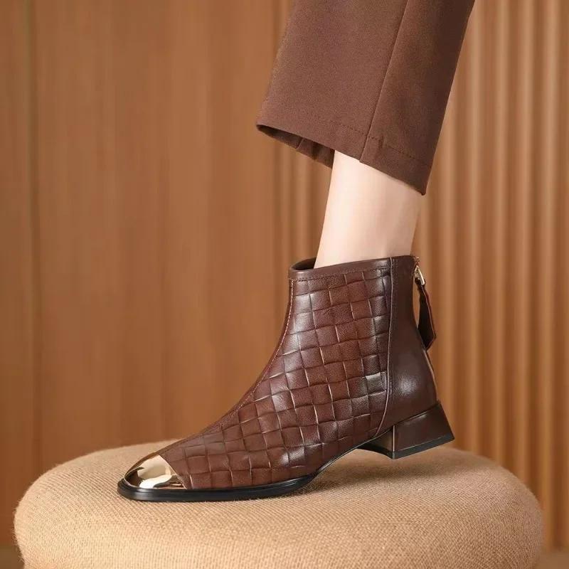 

Модные женские ботильоны на толстом каблуке 2024 Весна/Осень/Зима Новые ретро ботильоны на среднем каблуке Задняя молния Клетчатые кожаные ботинки 35 коричневый