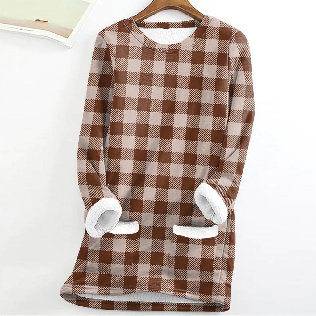 Women's Fashion Plaid Print Round Neck Long Sleeve Plush Winter Warm Pullover Top