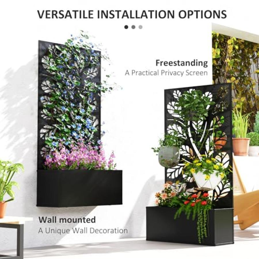 Metal Raised Garden Bed with Trellis for Climbing Plants Freestanding or Wall Mounted Flower Bed with Privacy Panel Twigs and L