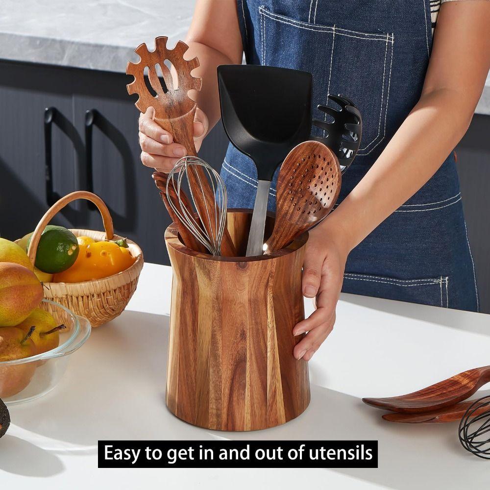 Wooden Cutlery Holder Acacia Wood Utensil Storage Box Portable Storage Rack Countertop