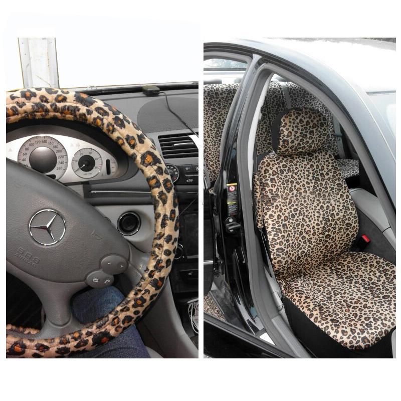 Πολυτελές Κάλυμμα Καθίσματος Αυτοκινήτου με Λεοπάρ Μοτίβο, Παγκόσμιας Εφαρμογής, Μαξιλαράκια Ζώνης Ασφαλείας και Προστατευτικό Καθίσματος Αυτοκινήτου για Τιμόνι 15" Παγκόσμιας Εφαρμογής
