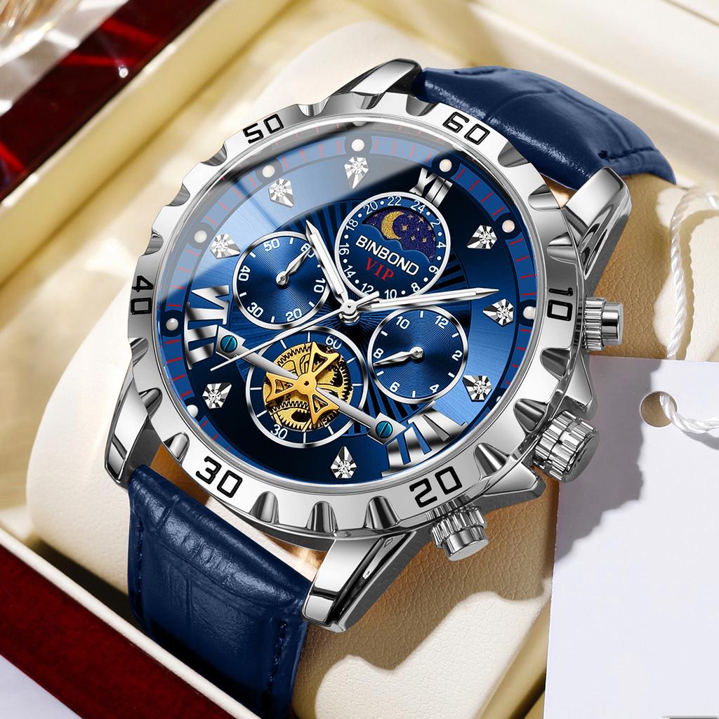 Men's Fashion Luminous Quartz Watch Three Eye Timing Moon Phase Dial Waterproof Multifunctional Fashionable Flywheel Watch