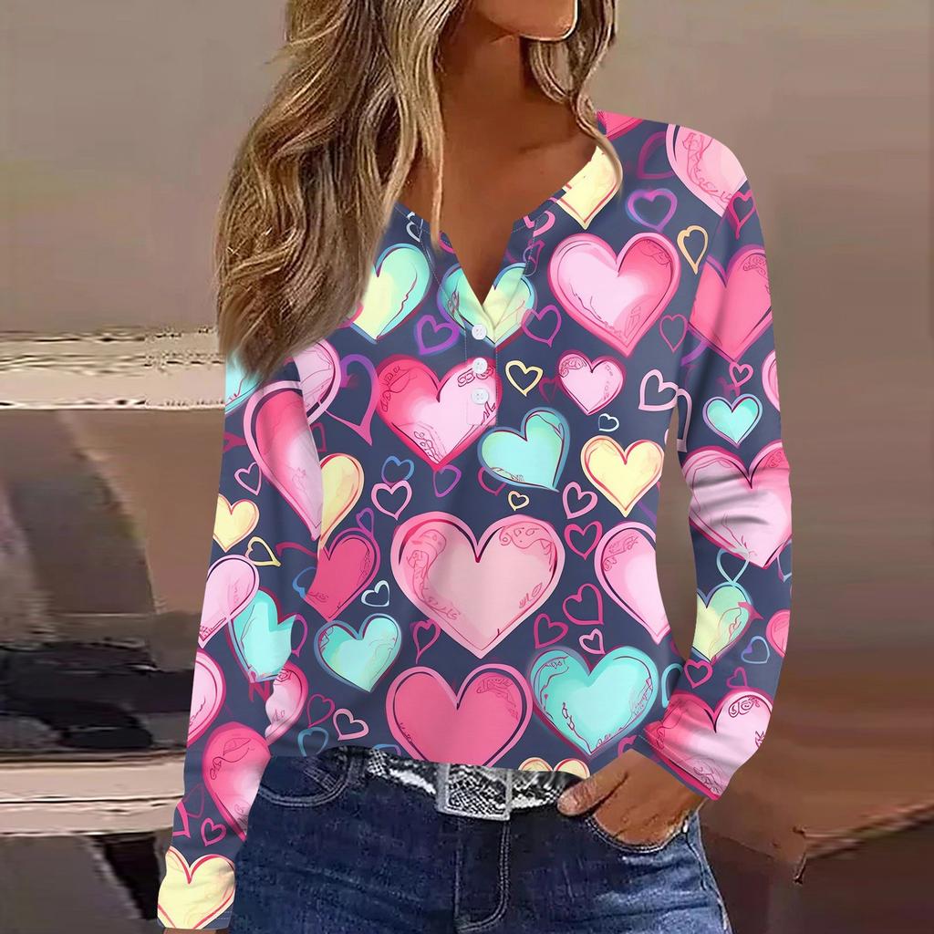 Women's T Shirt Tee Valentine's Day Printed Button Long Sleeve Tunic Daily Weekend Fashion Basic V- Neck Regular Top