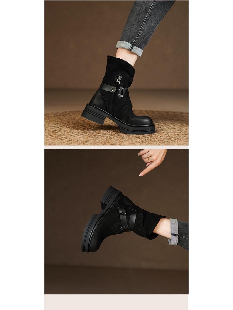 Brand Heavy British Retro Genuine Leather Lace-Up Martin Boots, Chunky Mid-Heel Ankle Design for Women