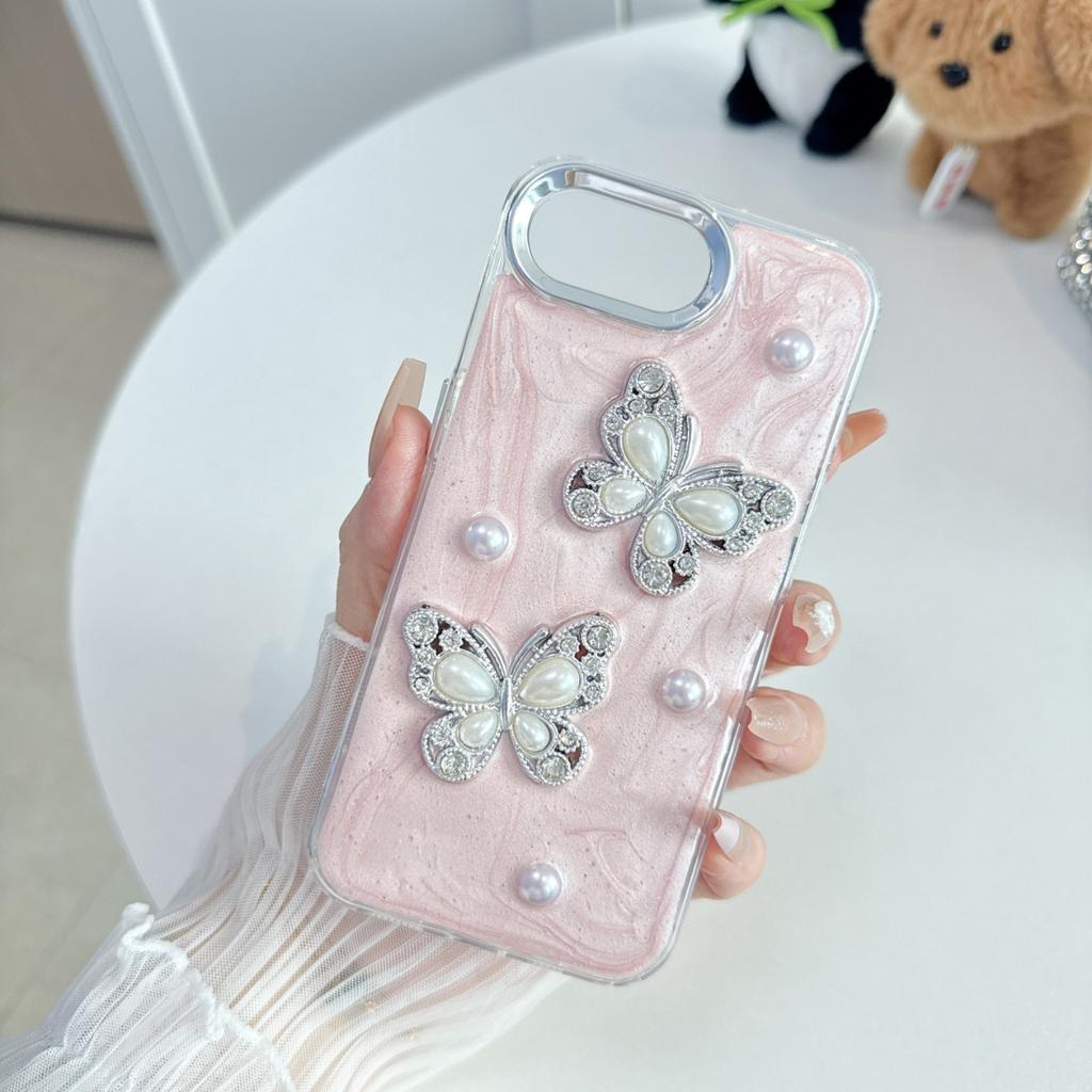 The new model is suitable for iPhone16ProMax mobile phone case, pearlescent rhinestone butterfly 15promax, Apple 14pro12.