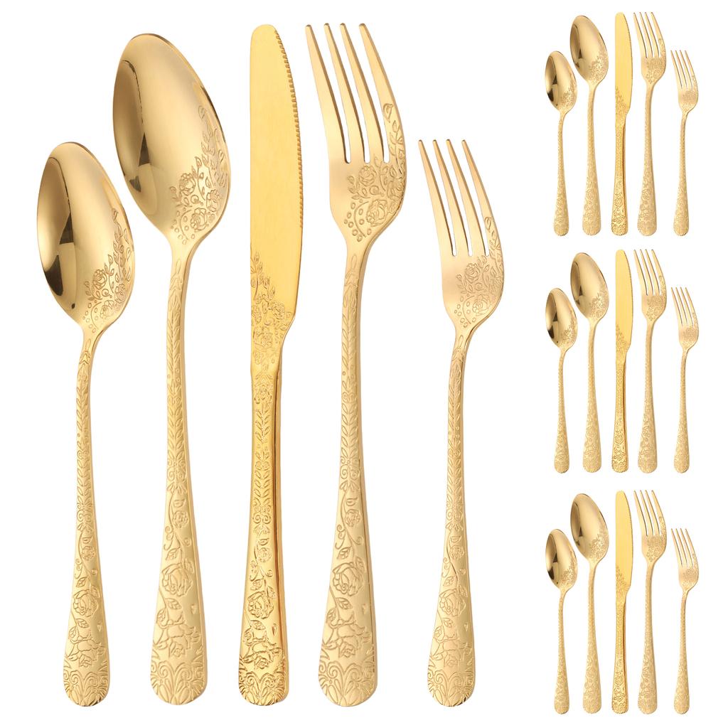 20pcs Silverware Set Floral Carved Stainless Steel Flatware Mirror Polished Cutlery Including Fork Spoon Knife Dishwasher Safe