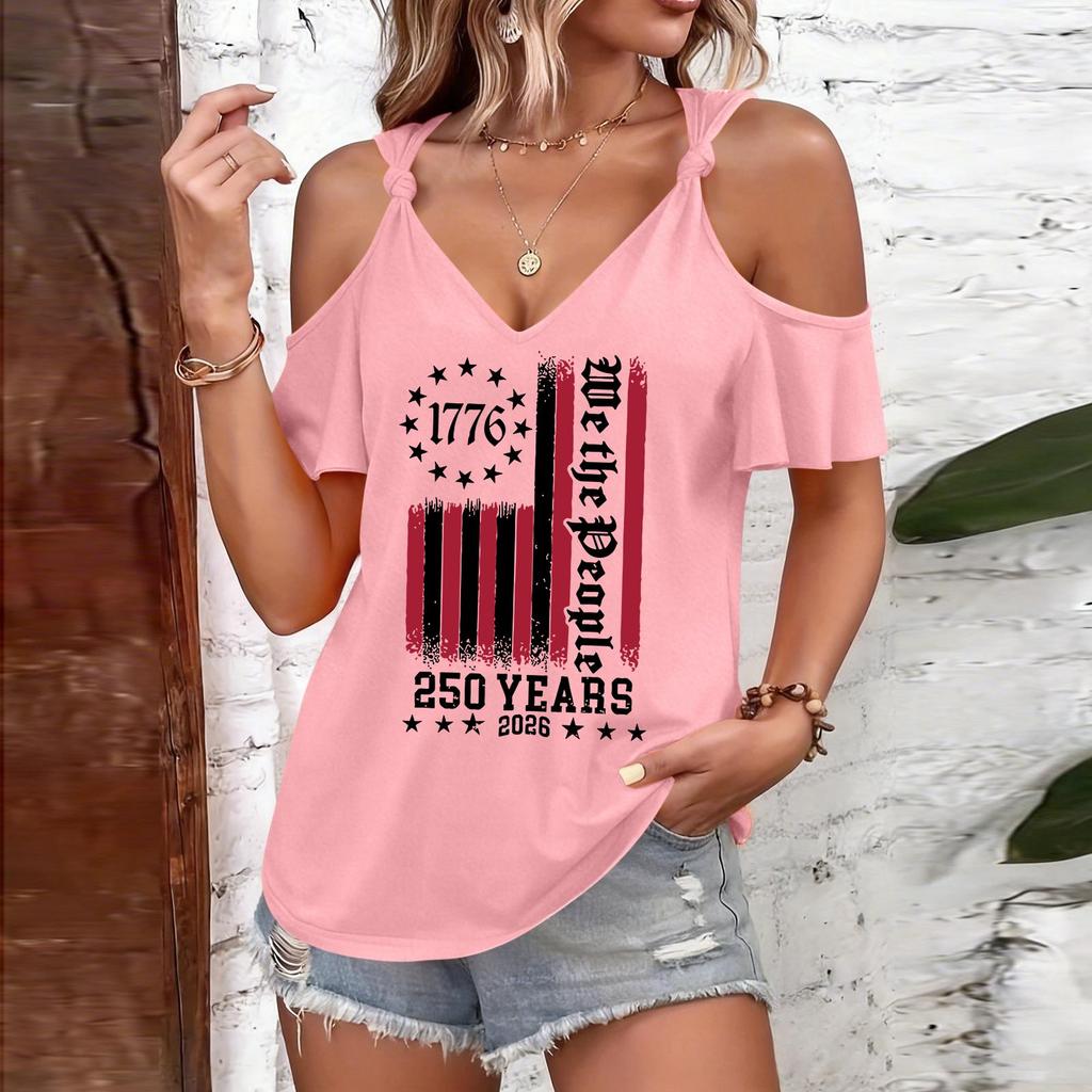 T-shirt Femme Décolleté Bardot Bretelles à Nouer Manches Courtes Décontracté avec Graphique Impression Drapeau 1776 Jour de l'Indépendance Haut 250 Ans 2026